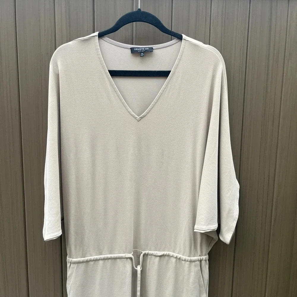 Lafayette 148 New York Drawstring Waist Dress Medium Beige V-Neck Dolman Pockets - Picture 3 of 12
